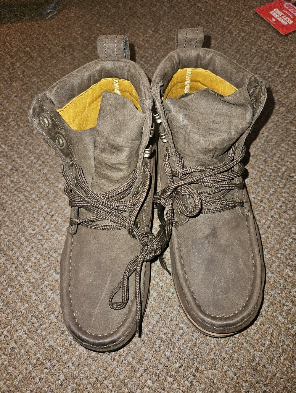Jim Green Moc Toe. Men's Brown Suede Lace-Up Boots with Yellow Lining